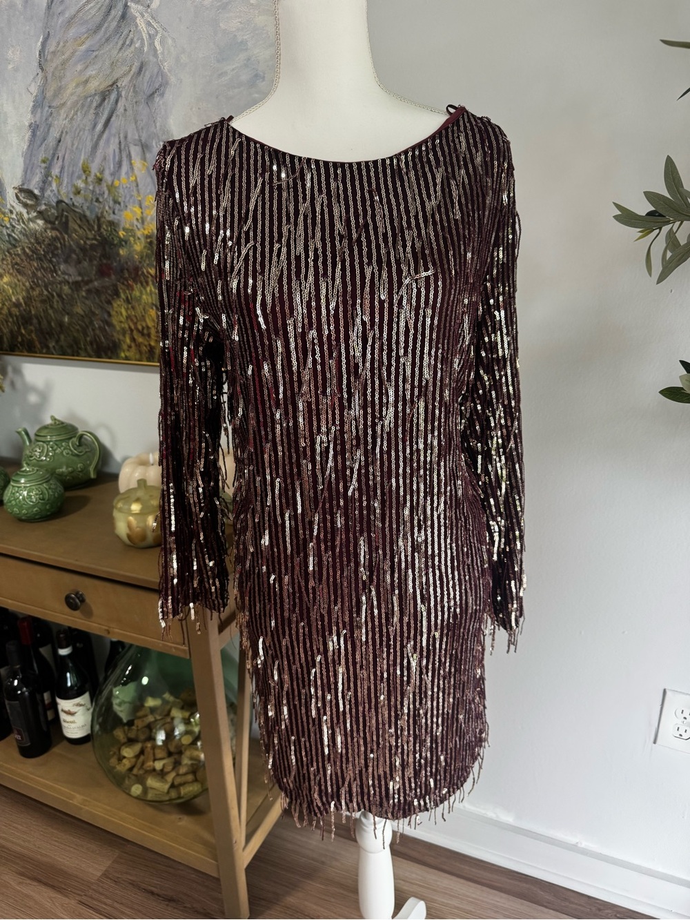 Zara Burgundy Sequin Long-Sleeve Party Dress